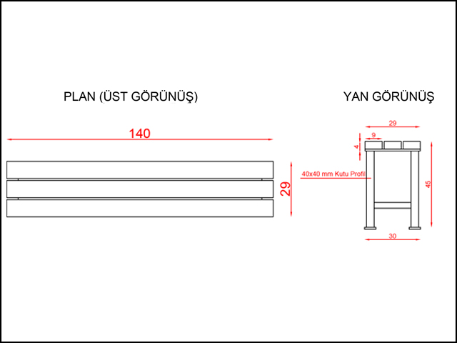 01 - 70630 Metal Ayak Bank 140(L)x30(W)x45(H) Teknik Çizim