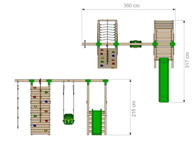 09 - 30635 - Ahşap Tırmanmalı Kaydıraklı Korumalı Salıncak Seti Teknik Çizim