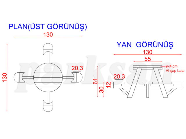 70501 - Piknik Masası (Çocuk Boyu) 130(L)x130(W)x61(H) Teknik Çizim
