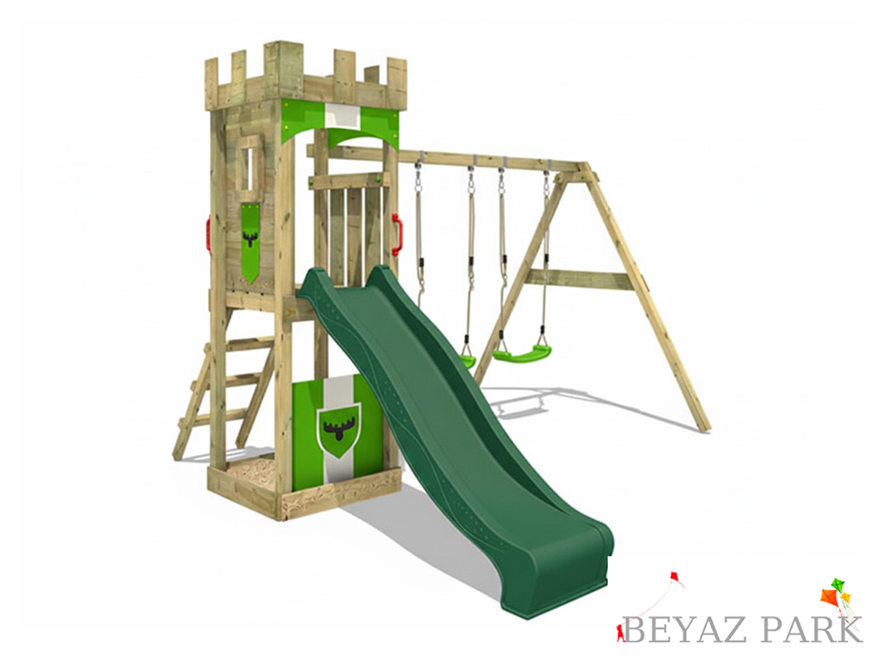 17-30681 Ahşap Kale Çatılı Kaydıraklı Salıncaklı Set