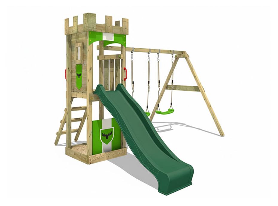 17-30681 Ahşap Kale Çatılı Kaydıraklı Salıncaklı Set
