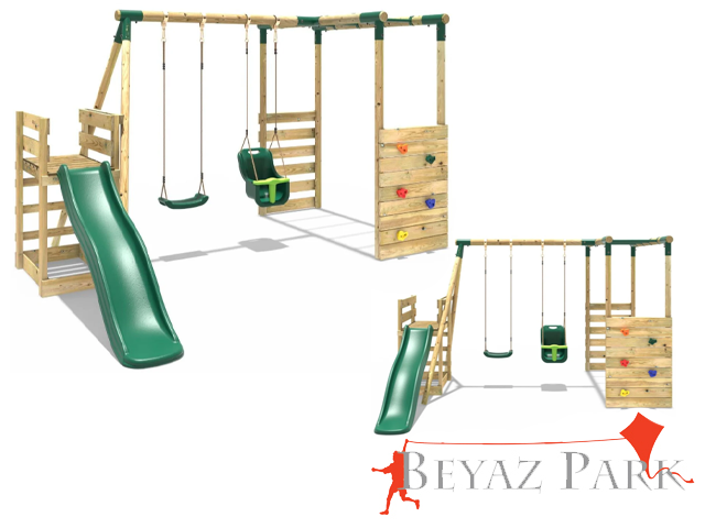 11 - 30645 - Ahşap Tırmanmalı Kaydıraklı İkili Salıncak Seti