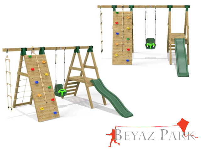 09 - 30635 - Ahşap Tırmanmalı Kaydıraklı Korumalı Salıncak Seti