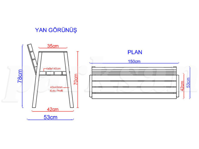 04 - 70658 Metal Ayak Bank 140(L)x40(W)x80(H) Teknik Çizim