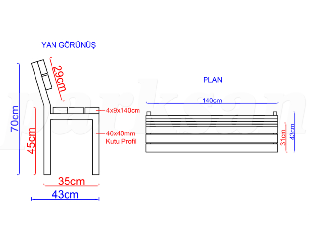 03 - 70647 Metal Ayak Bank 140(L)x30(W)x70(H) Teknik Çizim