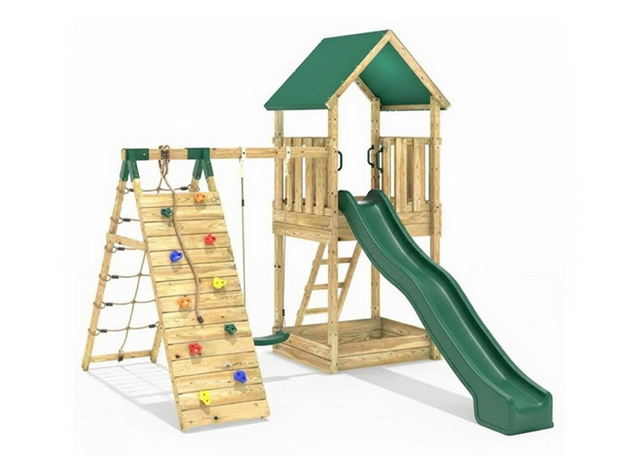 16-30682 Ahşap Çatılı Kaydıraklı Tırmanmalı Salıncak Seti