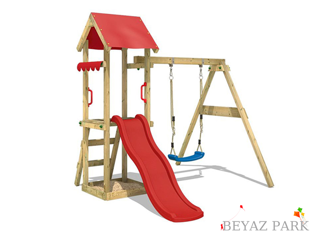 15-30680 Ahşap Çatılı Kaydıraklı Salıncaklı Set