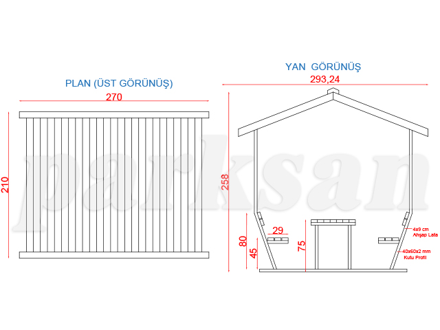 70426 - Çatılı Piknik Masası (Metal) 300(L)x180(W)x258(H) Teknik Çizim