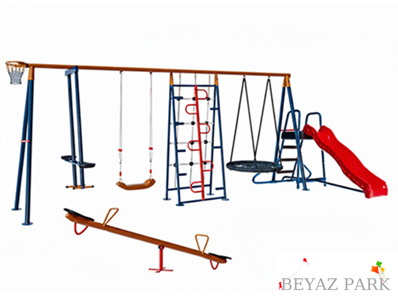  30725 - Metal Çoklu Salıncaklı Tırmanmalı Kaydıraklı Bahçe Salıncak Seti