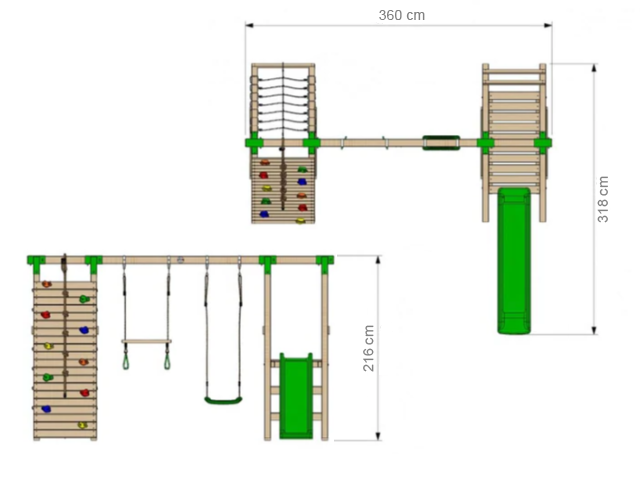 10 - 30640 - Ahşap Tırmanmalı Kaydıraklı Salıncak Seti Teknik Çizim