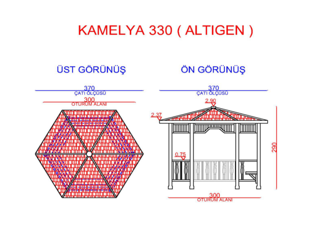 08 - 70140 Ahşap Kamelya Altıgen 300(L)x300(W)x290(H) Teknik Çizim