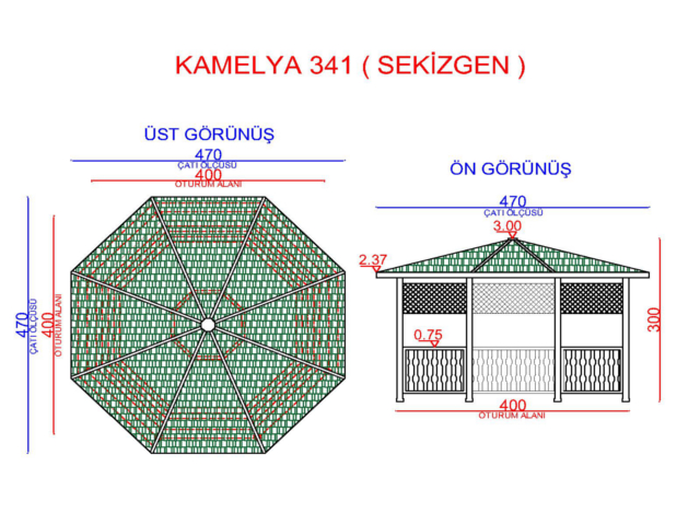14- Metal Sekizgen Gazebo 300x300x290 cm (L*W*H) Teknik Çizim