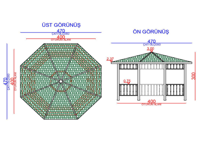 07- 70154 Metal Kamelya Altıgen 300(L)x300(W)x290(H) Teknik Çizim