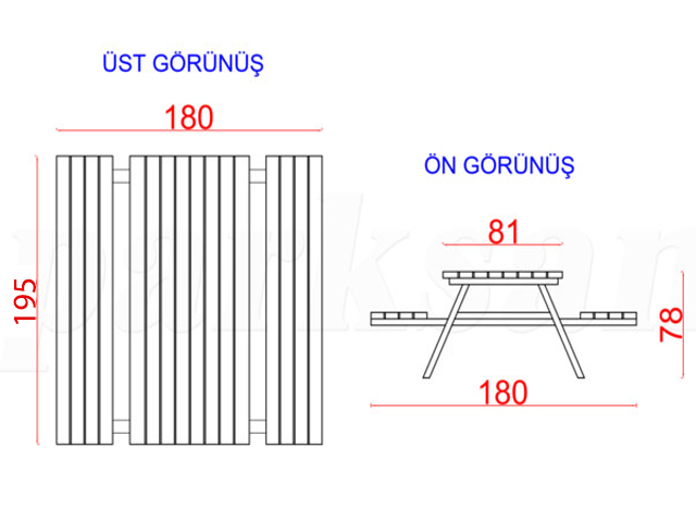 04 - 70542 Piknik Masası (Metal Ayaklı) 195(L)x180(W)x75(H) Teknik Çizim