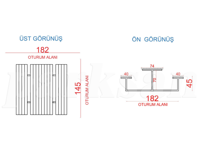 03 - 70535 Piknik Masası (Metal Ayaklı) 145(L)x182(W)x75(H) Teknik Çizim