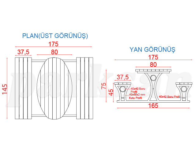 70543 - Piknik Masası (Metal Ayaklı) 145(L)x175(W)x75(H) Teknik Çizim