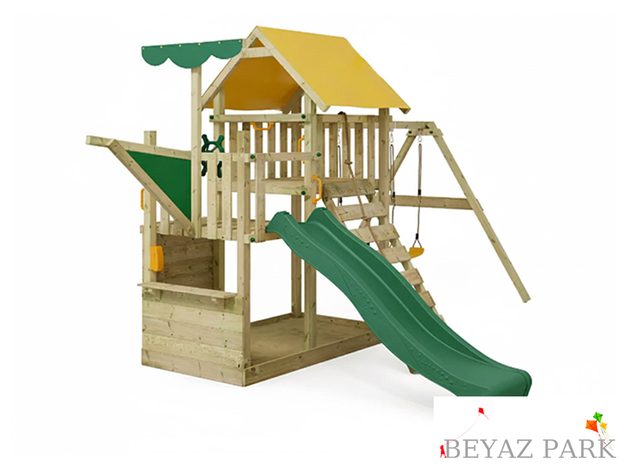 19-30688 Ahşap Çatılı Kaydıraklı İkili Salıncak Seti