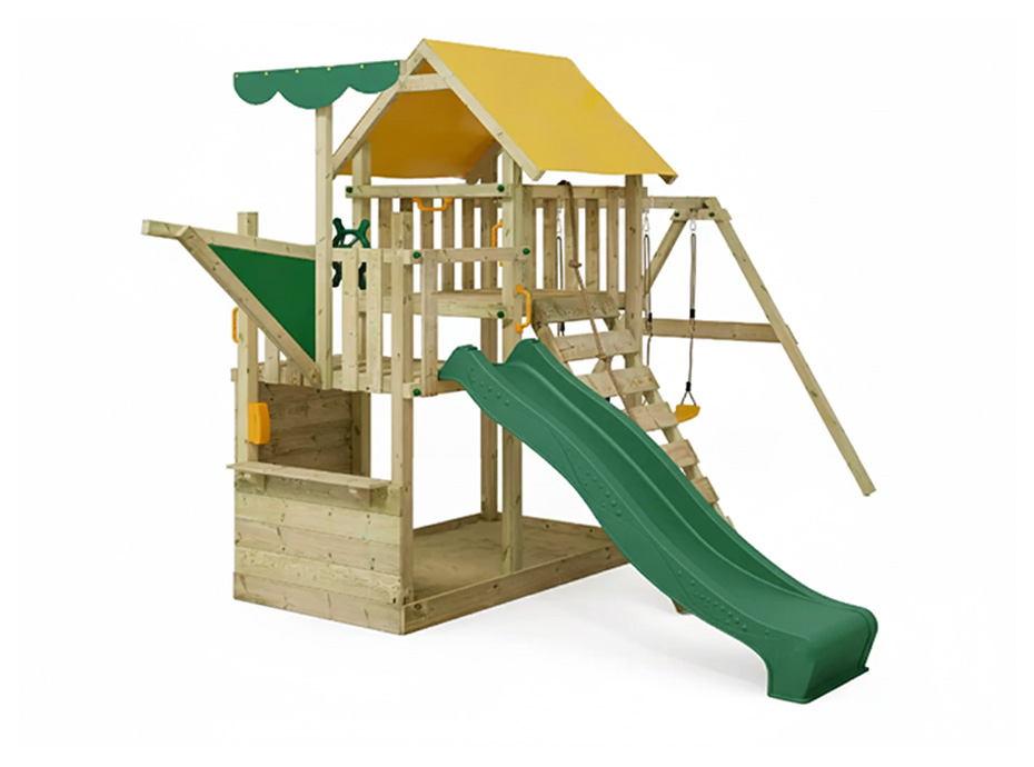 19-30688 Ahşap Çatılı Kaydıraklı İkili Salıncak Seti