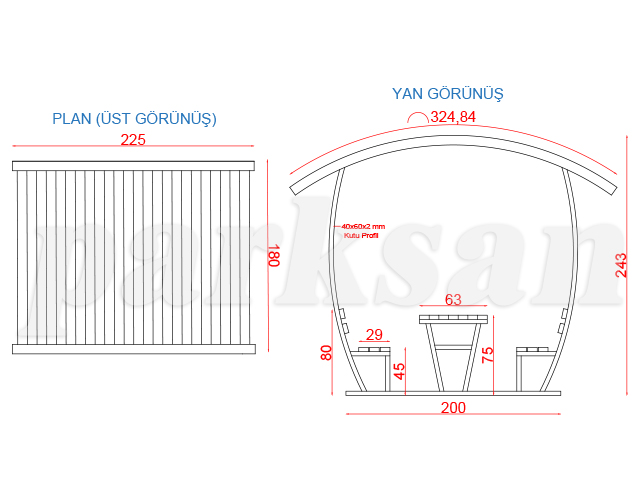 70434 - Çatılı Piknik Masası (Metal) 225(L)x180(W)x243(H) Teknik Çizim
