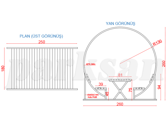 70440 - Çatılı Piknik Masası (Metal) 250(L)x180(W)x260(H) Teknik Çizim